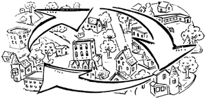 Community Village with Recycling Arrows Superimposed on it