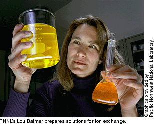 PNNL's Lou Balmer prepares solutions for ion exchange.