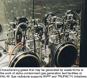 Characterizing gases that may be generated by waste forms is the work of alpha-containment gas generation test facilities at ANL-W. Gas radiolysis supports WIPP and TRUPACT-II inititaives.