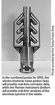 In the combined probe for SRS, the electro-chemical noise portion (top) will provide real-time corrosion data, while the Raman instrument (bottom) will provide real-time analysis of the chemical species in the waste.