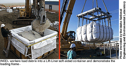 NEEL workers load debris into a Lift-liner soft-sided container and demonstrate the loading frame.