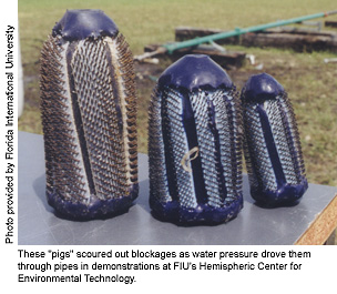 These "pigs" scoured out blockages as water pressure drove them through pipes in demonstrations at FIU's Hemispheric Center for Environmental Technology.