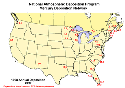  Map of the United States showing mercury deposition rates from various location throughout the country. 